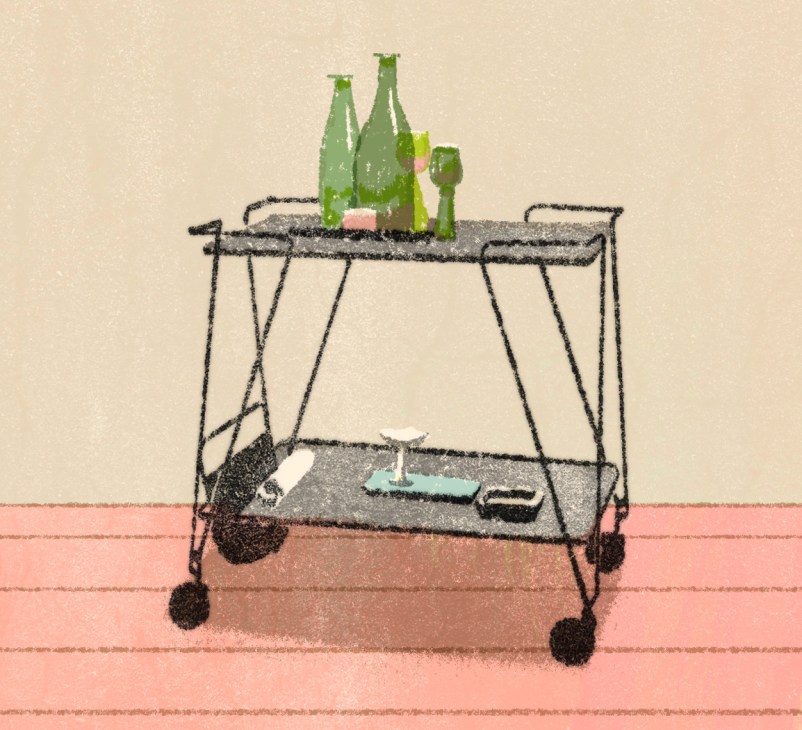 Illustrated Mathieu Matégot mid-century trolley by Gubi with green bottles on top shelf and items on bottom shelf