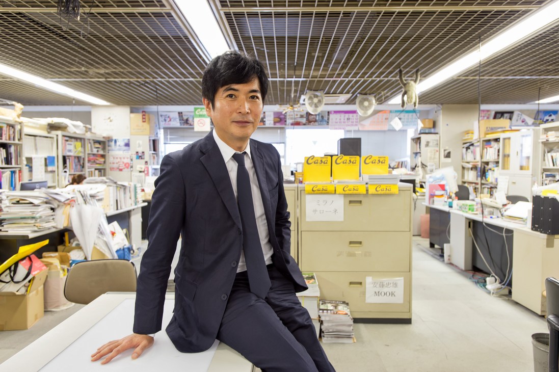 Ko Matsubara, editor in chief of Casa Brutus, poses in Magazine House's editorial office.
