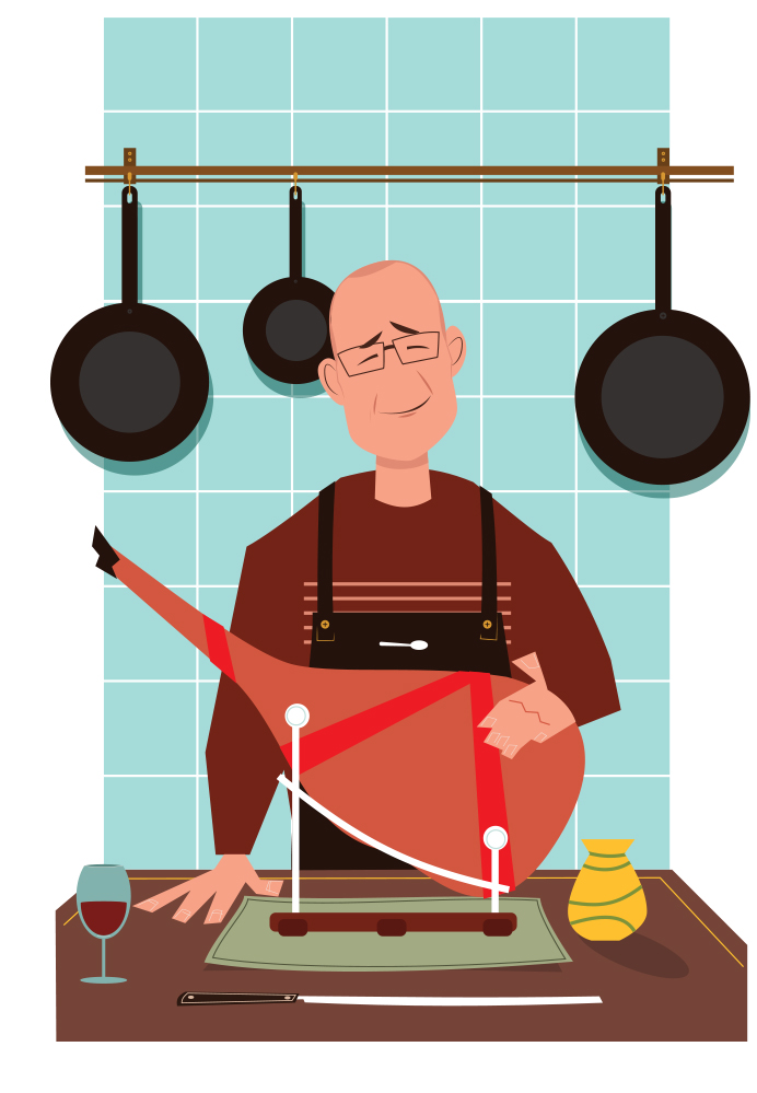 Illustration of a man in an apron cooking at a table with hanging pans, a cutting board, wine glass and bottle, representing Argentine asado barbecue culture.