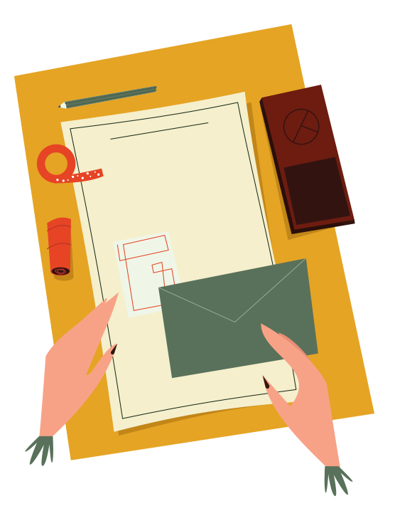 Illustration of hands holding a green envelope and stationery with decorative items on a yellow background.