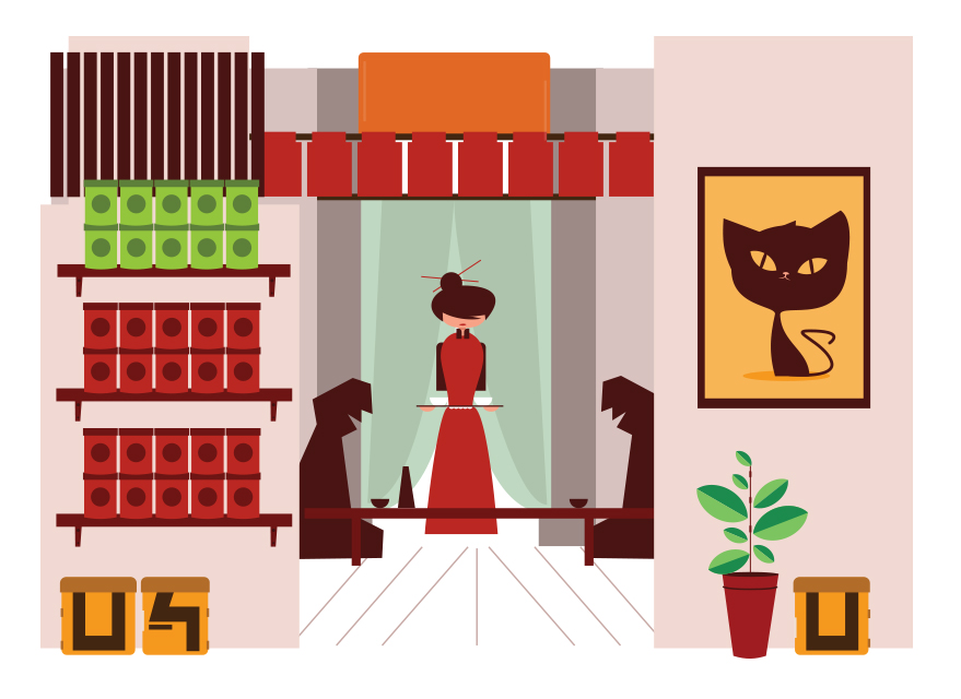 Illustration of a Hong Kong tea house interior with shelves of red packets, a server pouring tea, and decorative cat artwork.