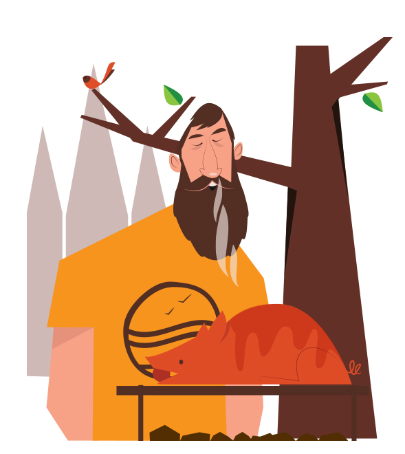 Illustration of a man with a beard pouring tea from a red teapot, surrounded by stylized trees and buildings.