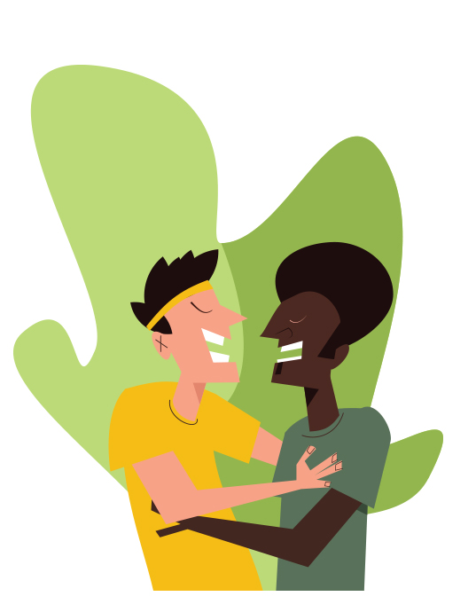 Illustration of two people hugging and showing physical affection in greeting.