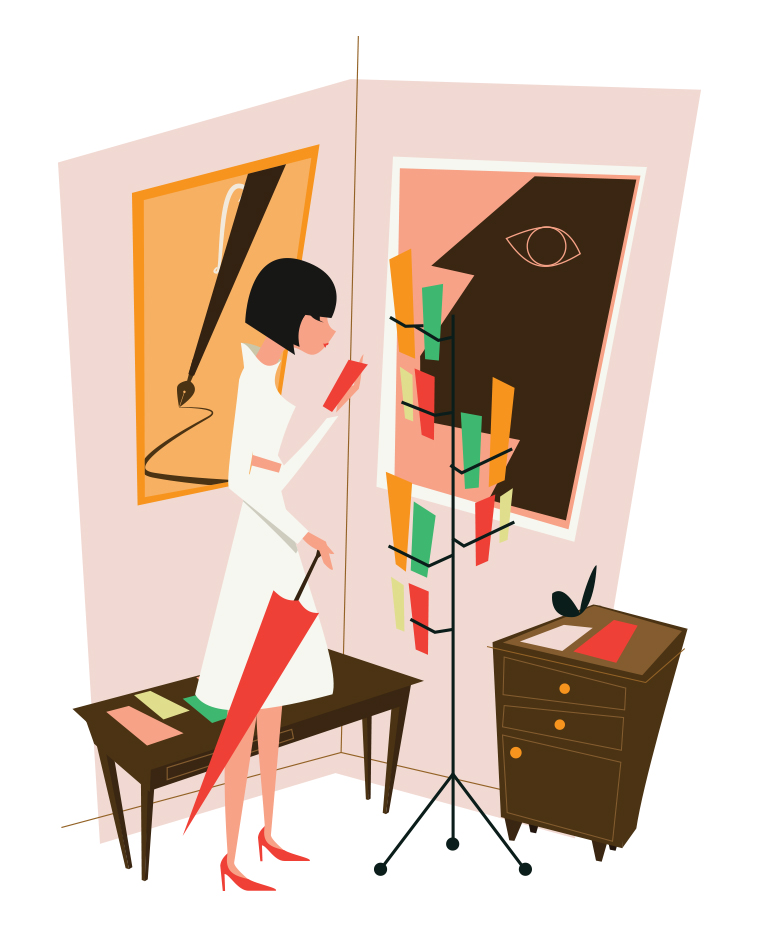 Illustration of a woman in white dress and red heels holding a red umbrella, standing in front of mirrors and mid-century furniture.