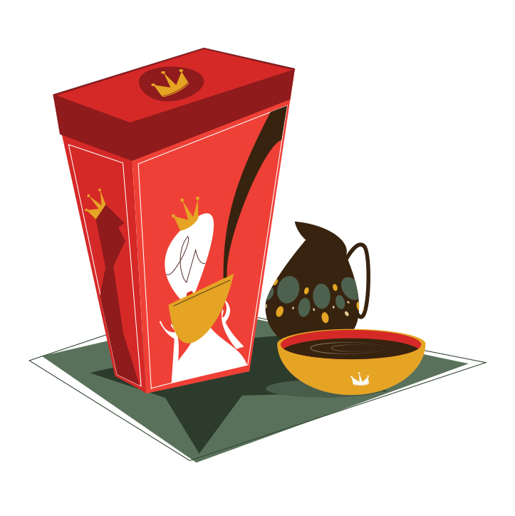 Illustration of a red coffee box with golden crown emblem, a decorative brown teapot, and a golden bowl of black coffee.