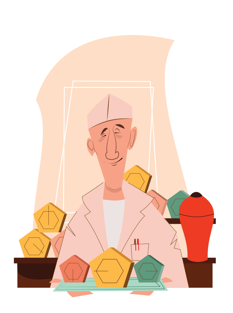 Illustration of a man surrounded by colorful geometric gift boxes and containers.