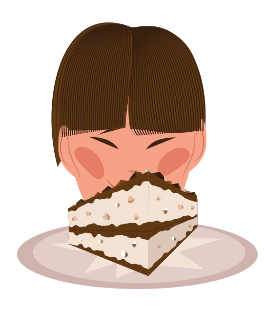 Illustration of a person's face eating a slice of layered cake with chocolate and cream filling.