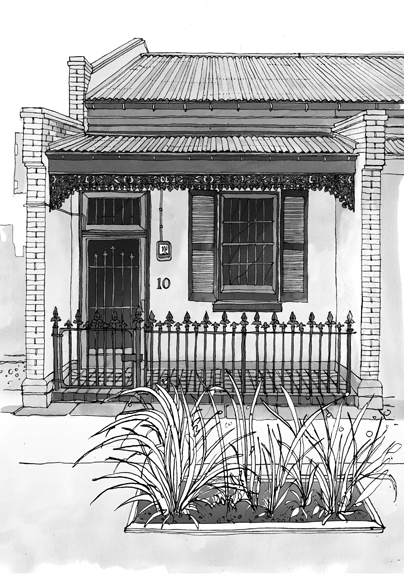 Black and white illustration of a Victorian-era Melbourne terraced house with ornate ironwork and metal roof.