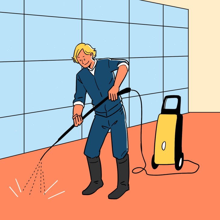 Illustration of a person using a jet washer on a patio with a yellow pressure washer machine.