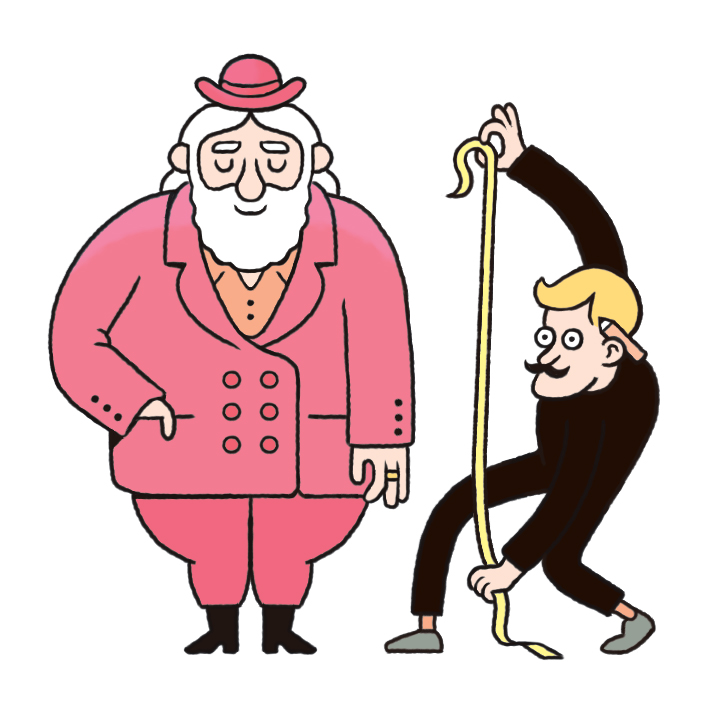 Illustration of an elderly man in pink suit and hat next to a figure in black holding a measuring tape.