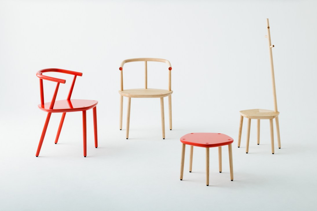 Five collection furniture pieces by Matsuso T featuring chairs and stools in natural wood and red finishes.