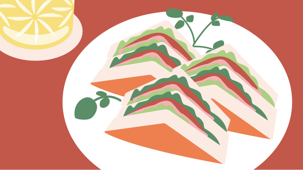 Illustration of layered sandwich with lettuce, tomato and orange cheese alongside lemon slice and herbs.