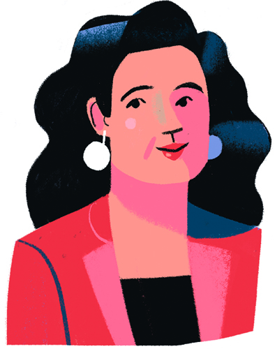 Illustration of Cristina Fuentes La Roche, International Director of Hay Festival, wearing a red jacket.