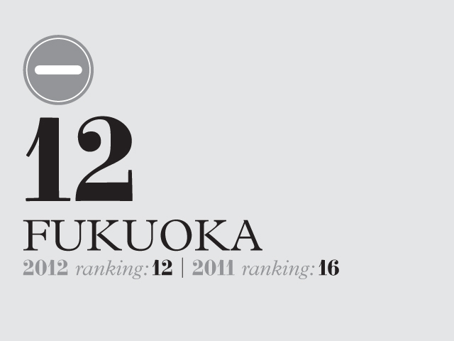 Fukuoka city ranking infographic showing position 12 in 2012 rankings compared to position 16 in 2011