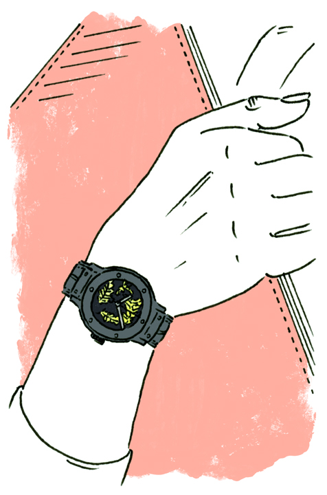Illustrated hand wearing a Classic Fusion Gold Crystal watch by Hublot with black dial and gold crystal details.