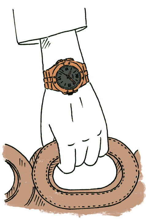 Illustration of a hand wearing an orange sports watch held above a brown leather strap.
