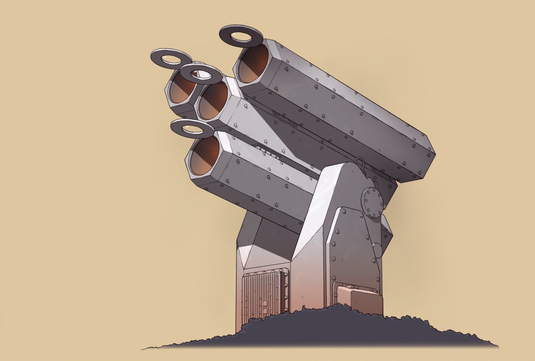 Illustration of the MLG27 high-energy laser system mounted on a rotating platform with four barrel arrays.