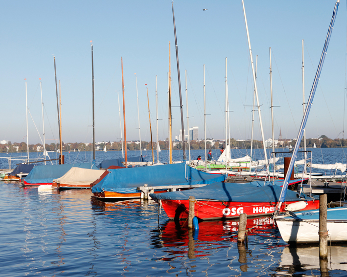 Colorful sailboats moored on blue water with tree-lined shores and buildings in background.