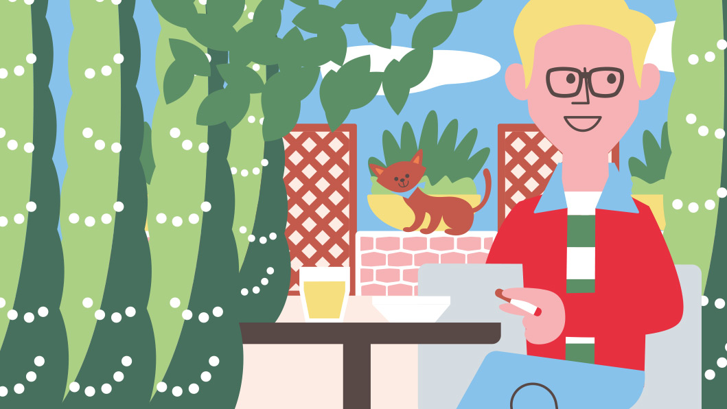 Illustration of a person with blonde hair and glasses in a red jacket sitting on a terrace with potted plants, trellising, and a cat.