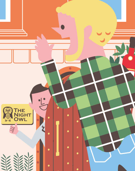 Illustrated characters at The Night Owl bar with logo, showing the establishment's welcoming atmosphere.