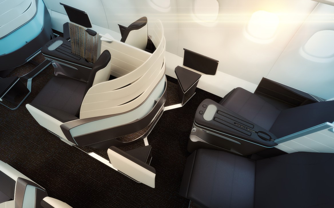 Hawaiian Airlines aircraft cabin interior with lie-flat premium seats in neutral tones and wood finishes.