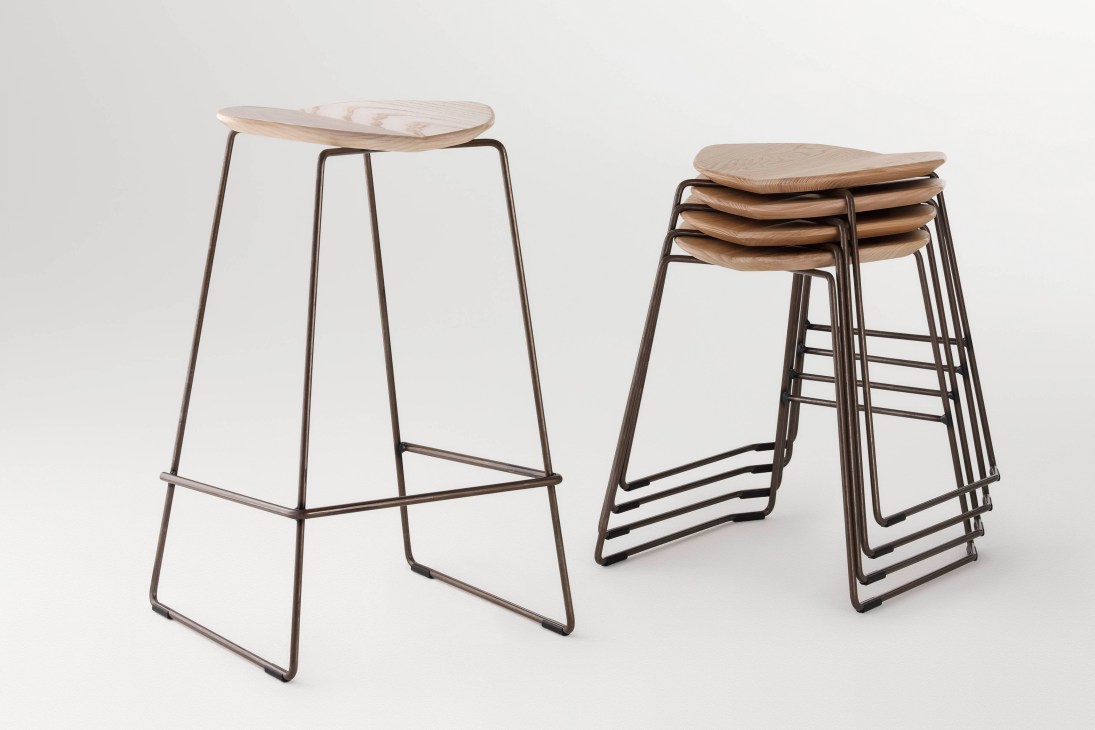 Duet stacking stools by Ross Gardam with wooden seats and metal frames in various heights.