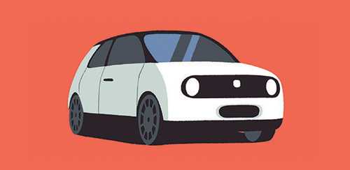 Illustration of a Honda e electric car with a compact, rounded design in white and light blue against an orange background.
