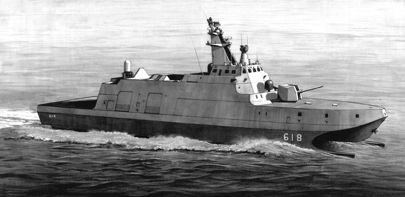 Taiwanese stealth corvette Tuo Jiang ship numbered 618 operating in coastal waters.