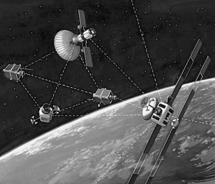 Illustration of interconnected satellites and modules in orbit above Earth with dashed lines showing wireless connections.