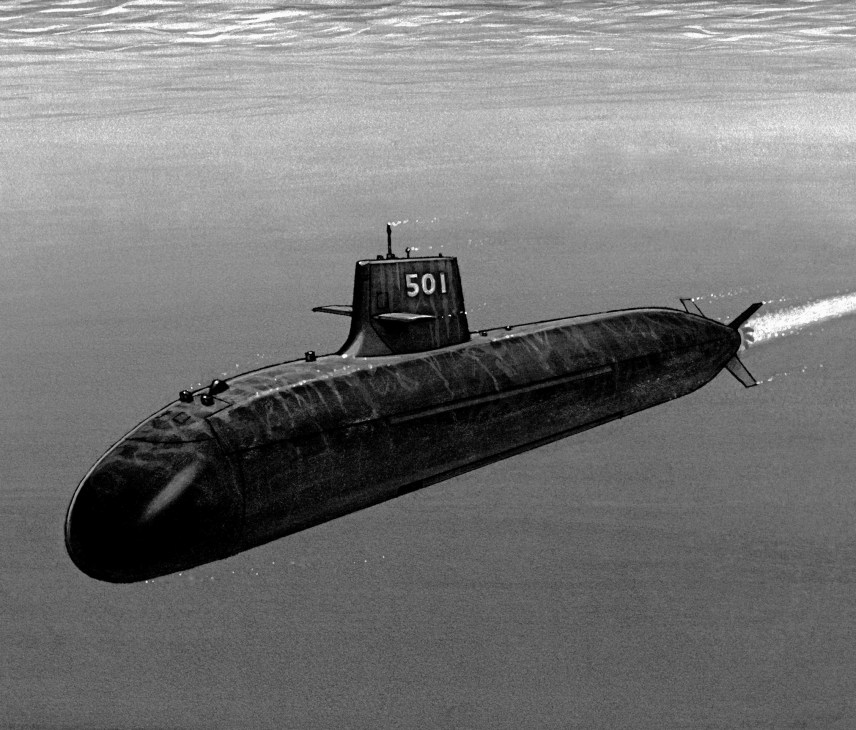 Black and white photograph of a submarine numbered 501 underwater with visible propeller and conning tower.