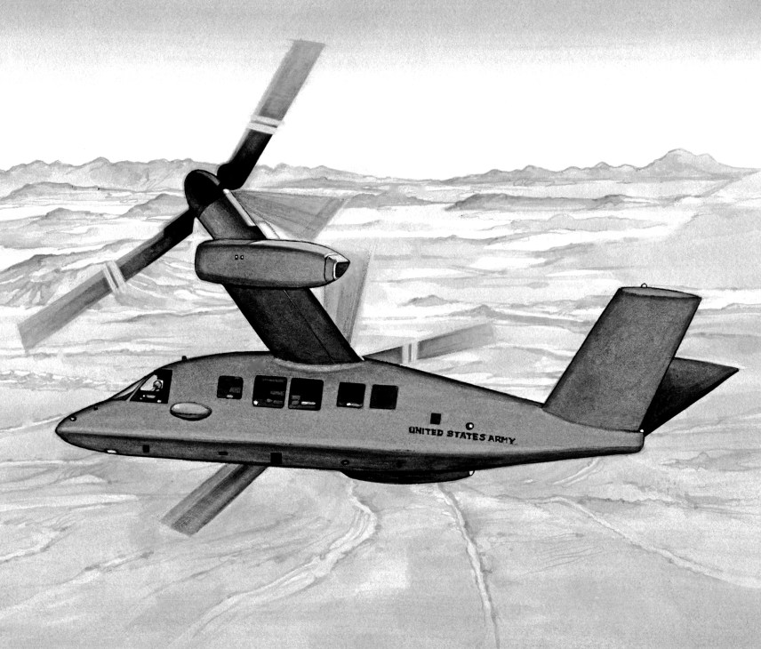 Black and white photograph of a United States Army experimental helicopter in flight over mountainous terrain.