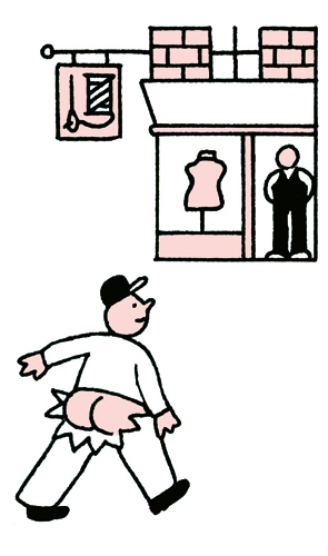 Illustration of a man in business attire gesturing while standing outside a storefront with a dress form and mannequin visible in the windows above.