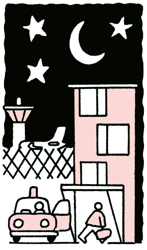 Illustration of a nighttime residential street scene with a car, person, building, and moon with stars.