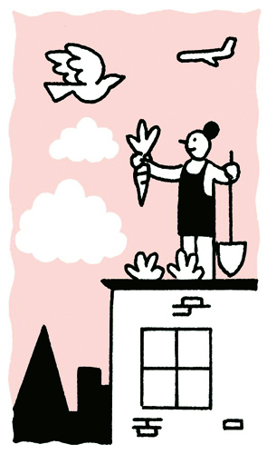 Illustration of a person standing on a building holding a carrot with clouds and a bird in the sky.