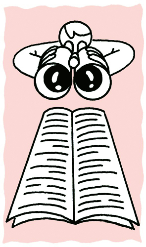Illustration of a person with large eyes reading an open book against a pink background.