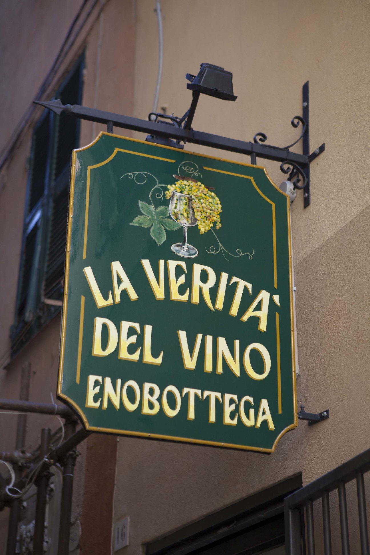 Green hanging sign with yellow lettering and grape illustration for wine shop in Genoa.