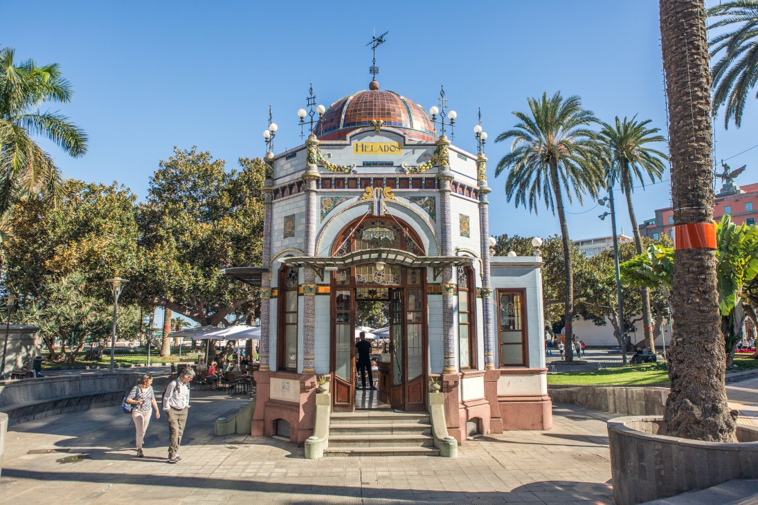 Art nouveau tiled kiosk with decorative patterns on corner of Parque de San Telmo