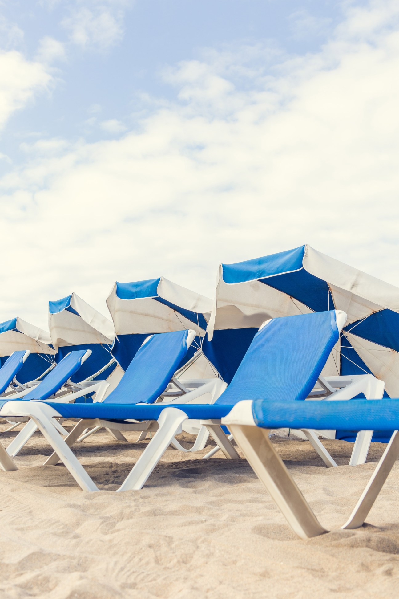 Blue and white beach loungers lined up on sandy Las Canteras beach under clear sky