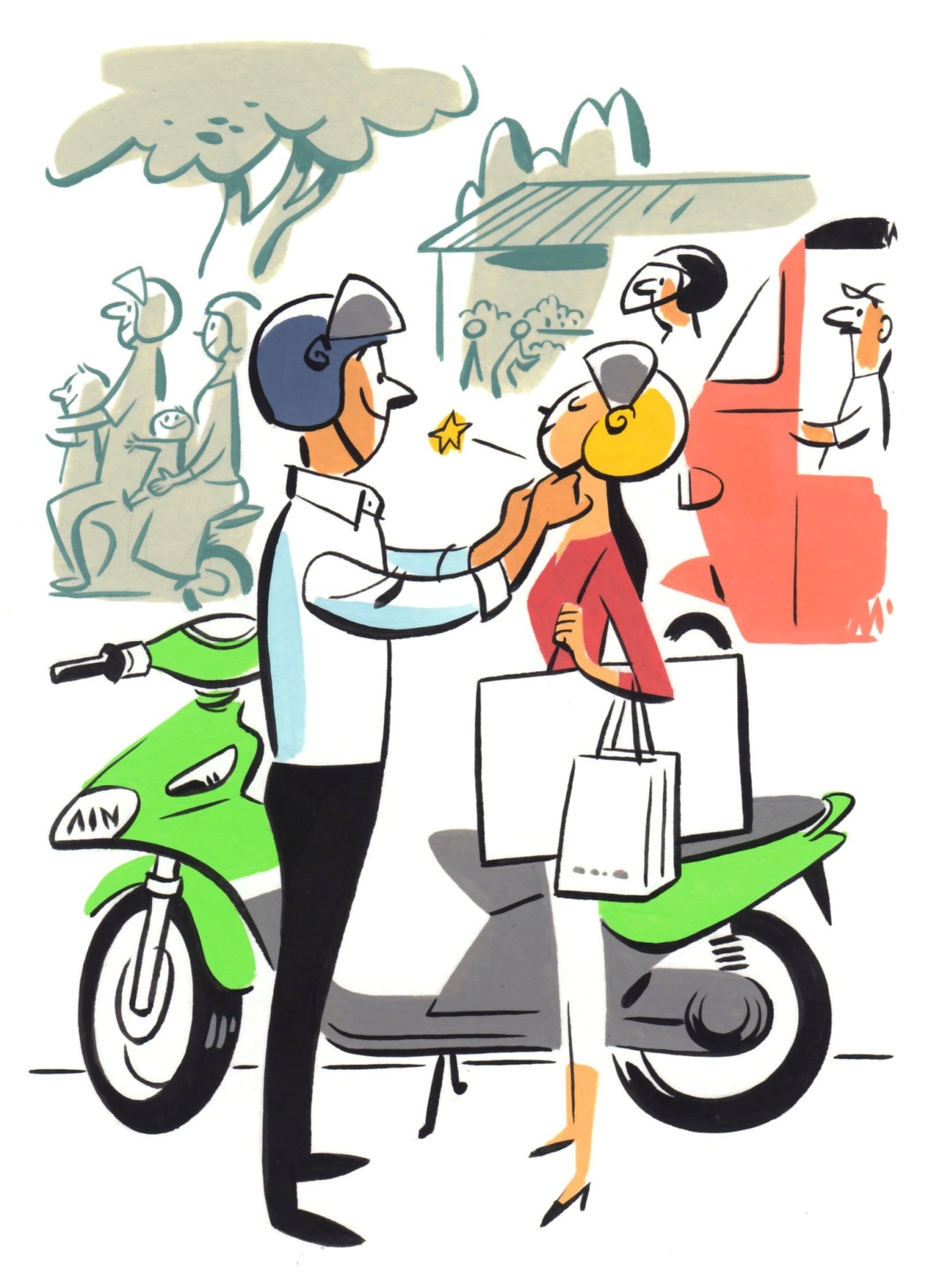 Illustration of Indonesian consumers on motorbikes with shopping bags in an urban setting.