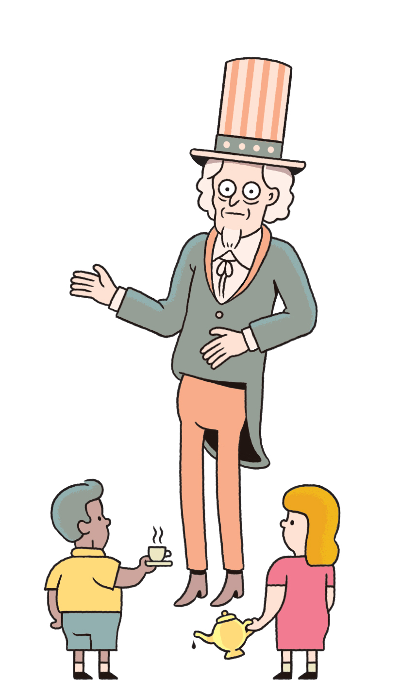 Illustration of a tall man in formal attire with a top hat speaking to two children, one holding a teacup and the other with a teapot.