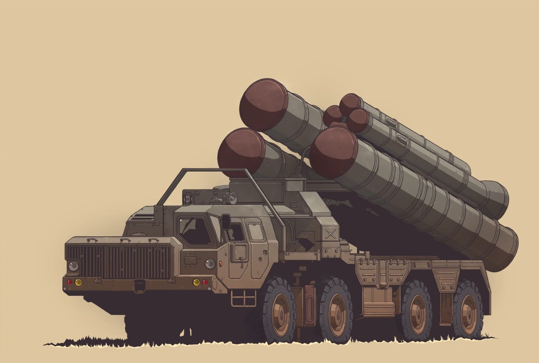 Illustration of a military truck-mounted surface-to-air missile system with multiple cylindrical missiles mounted on the back.