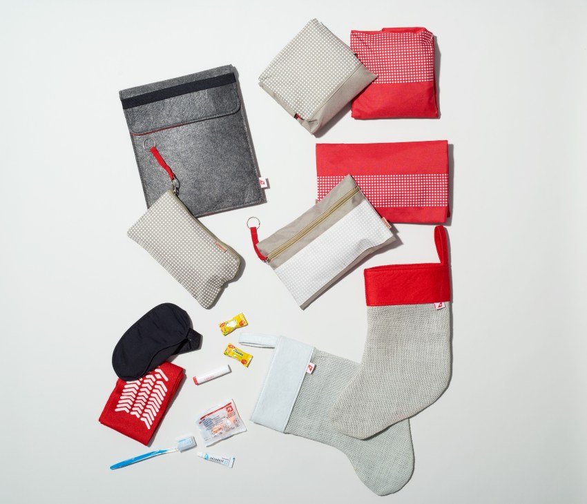 Swiss International Airlines business-class amenity kit with winter accessories including wool hat, neck warmer, and travel essentials.