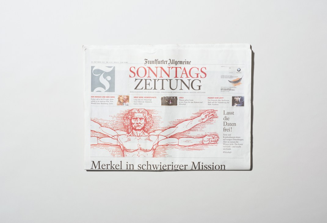 Front page of Frankfurter Allgemeine Zeitung newspaper featuring red illustration and German headlines.