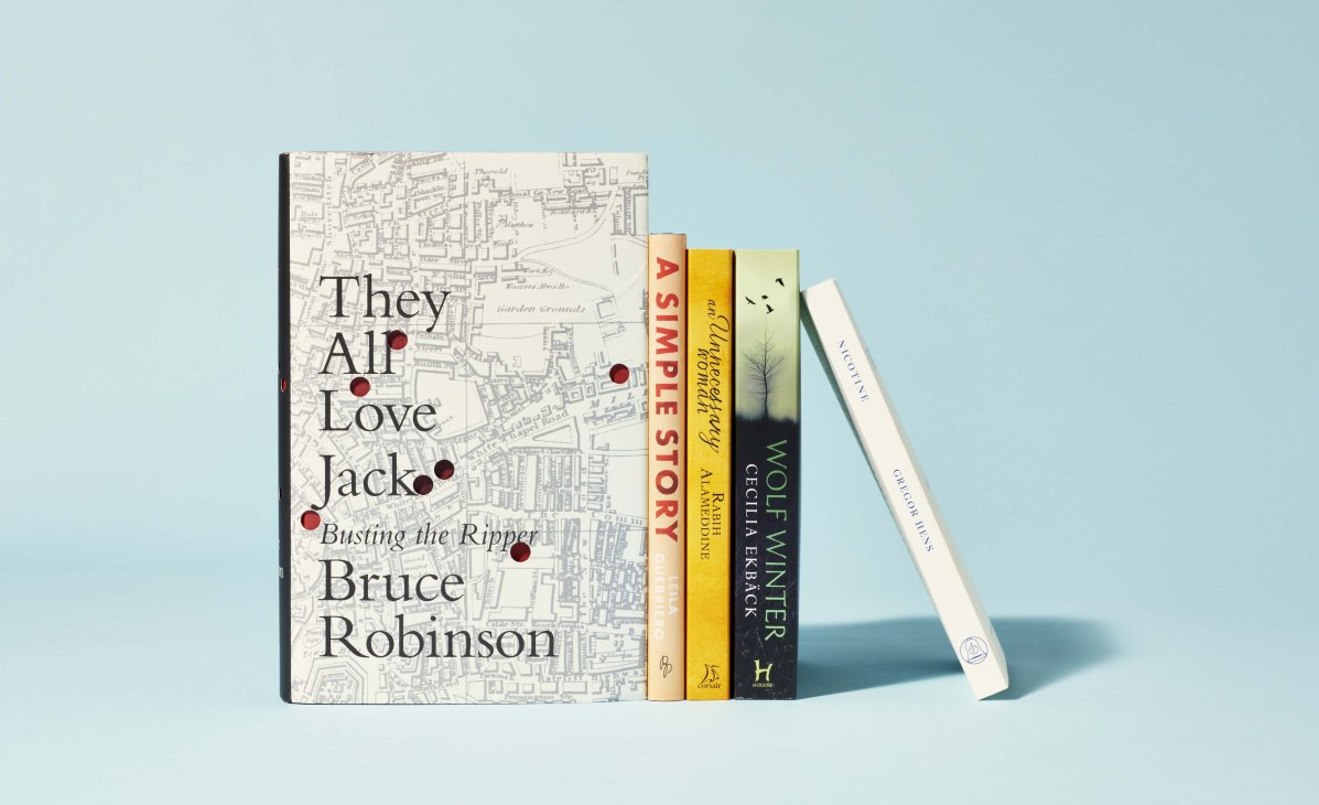Five books arranged on a light blue background, including They All Love Jack by Bruce Robinson and titles by Leila Guerriero, Rabih Alameddine, and Cecilia Ekbäck.