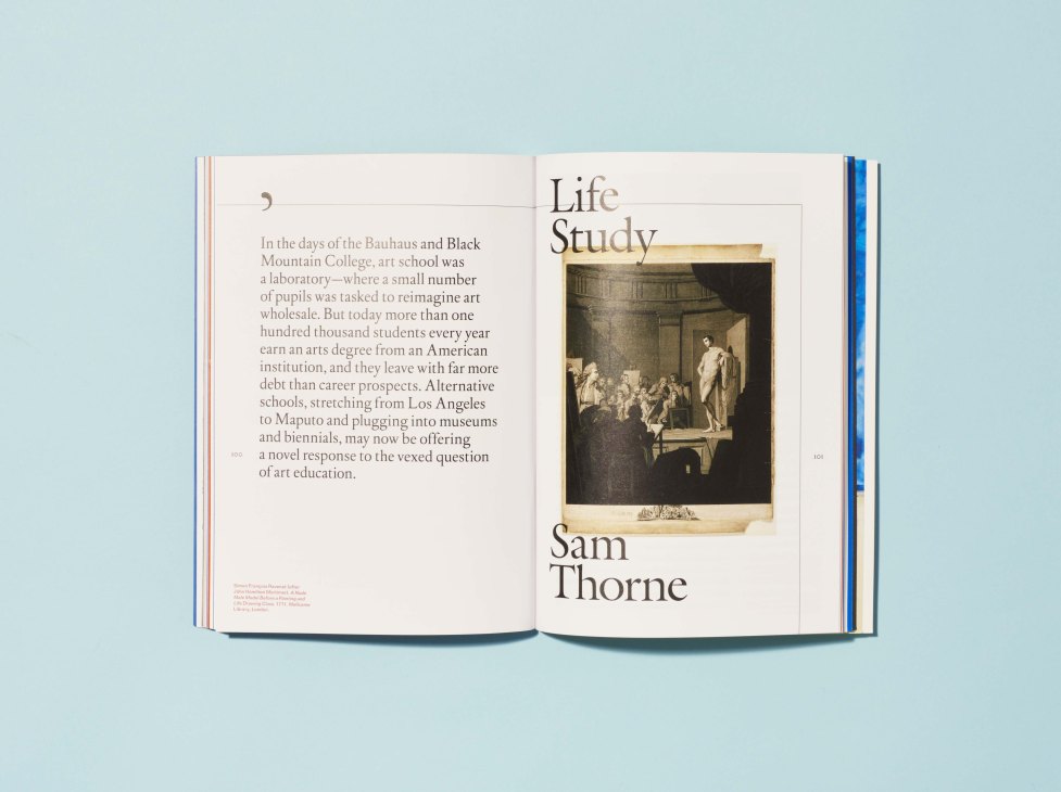 Open magazine spread showing "Life Study" article about Sam Thorne with historical artwork image.