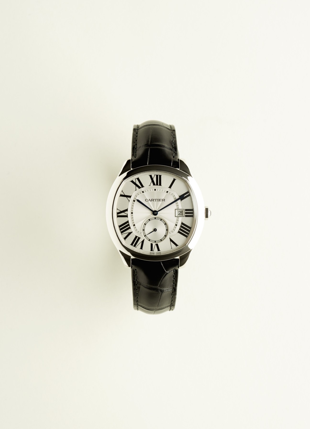Cartier Drive steel-cased men's watch with Roman numerals and black alligator leather strap.