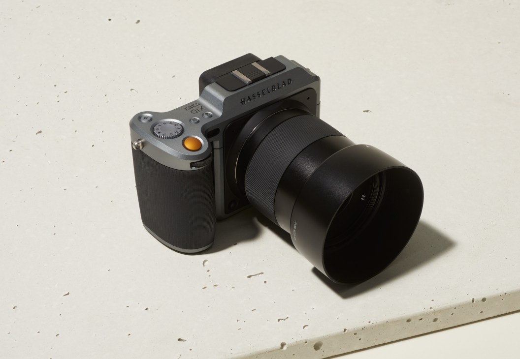 Hasselblad X1D-50c mirrorless camera with lens on white background.
