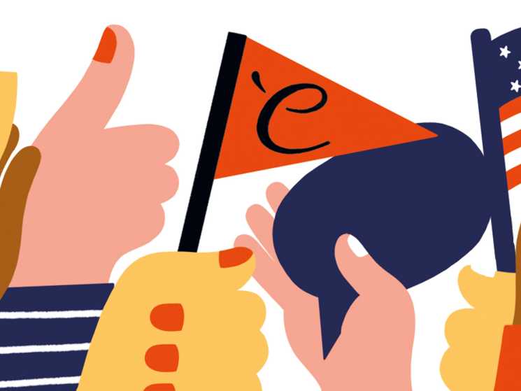 Illustration of diverse hands holding media symbols including flags, publications, and crowdfunding elements