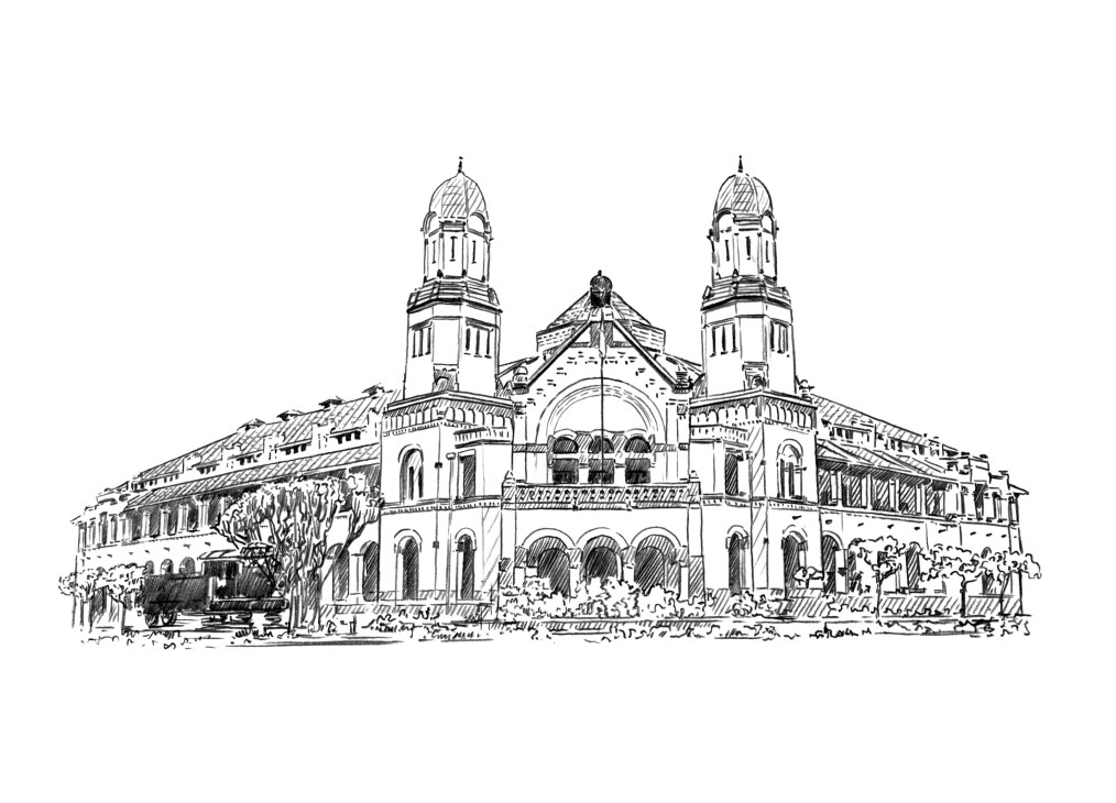 Dutch colonial building with two ornate towers, arched windows, and classical architectural details