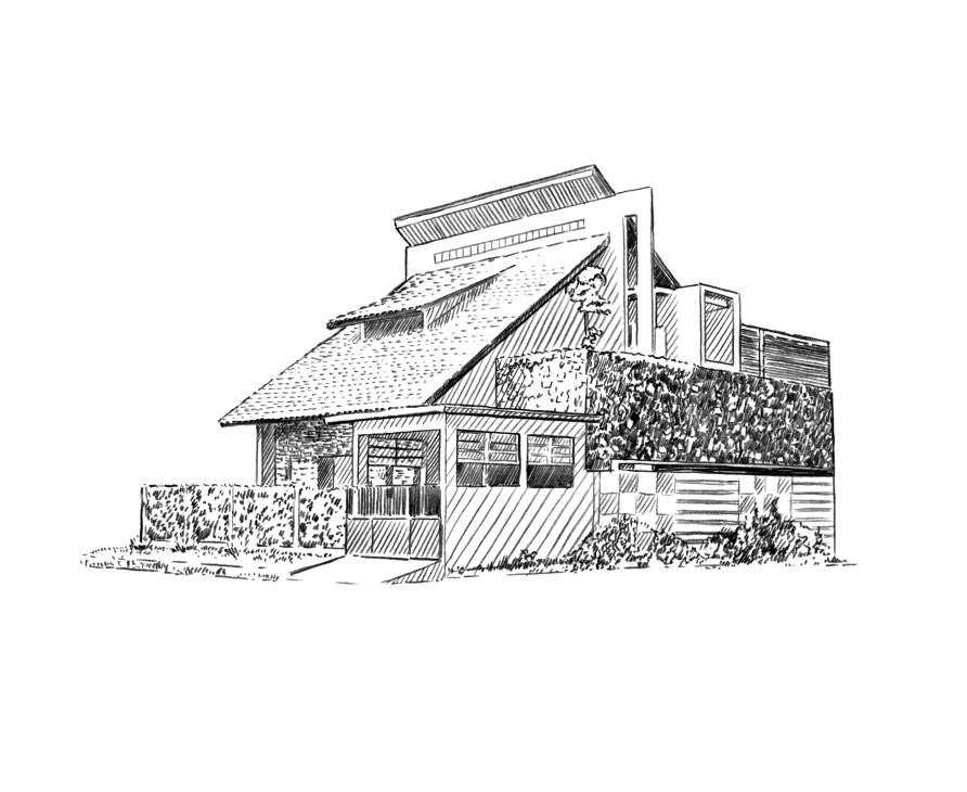 Pen and ink architectural drawing of a modernist house with angular geometric features and mixed materials